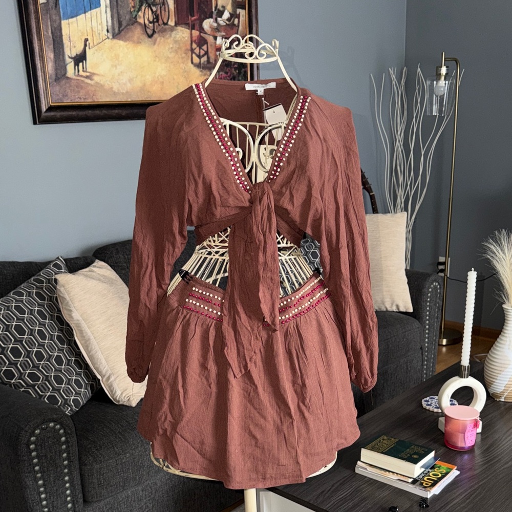 Mocha Tie-Front Blouse skirt set